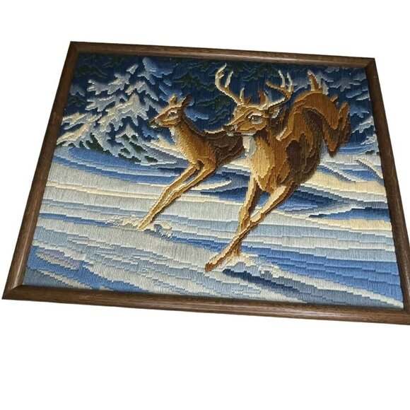 1983 Moonlight Run Needlepoint Completed Horizons Deer River Cottagecore Framed - Picture 1 of 8